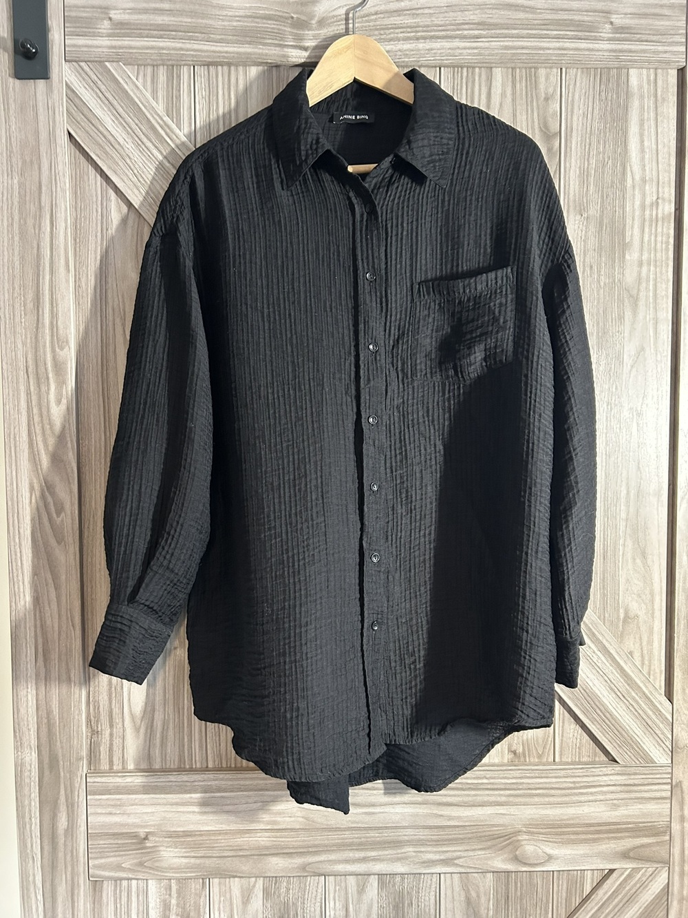 ANINE BING Black Crinkle Textured Oversized Top Shirt S P Pit to Pit 23